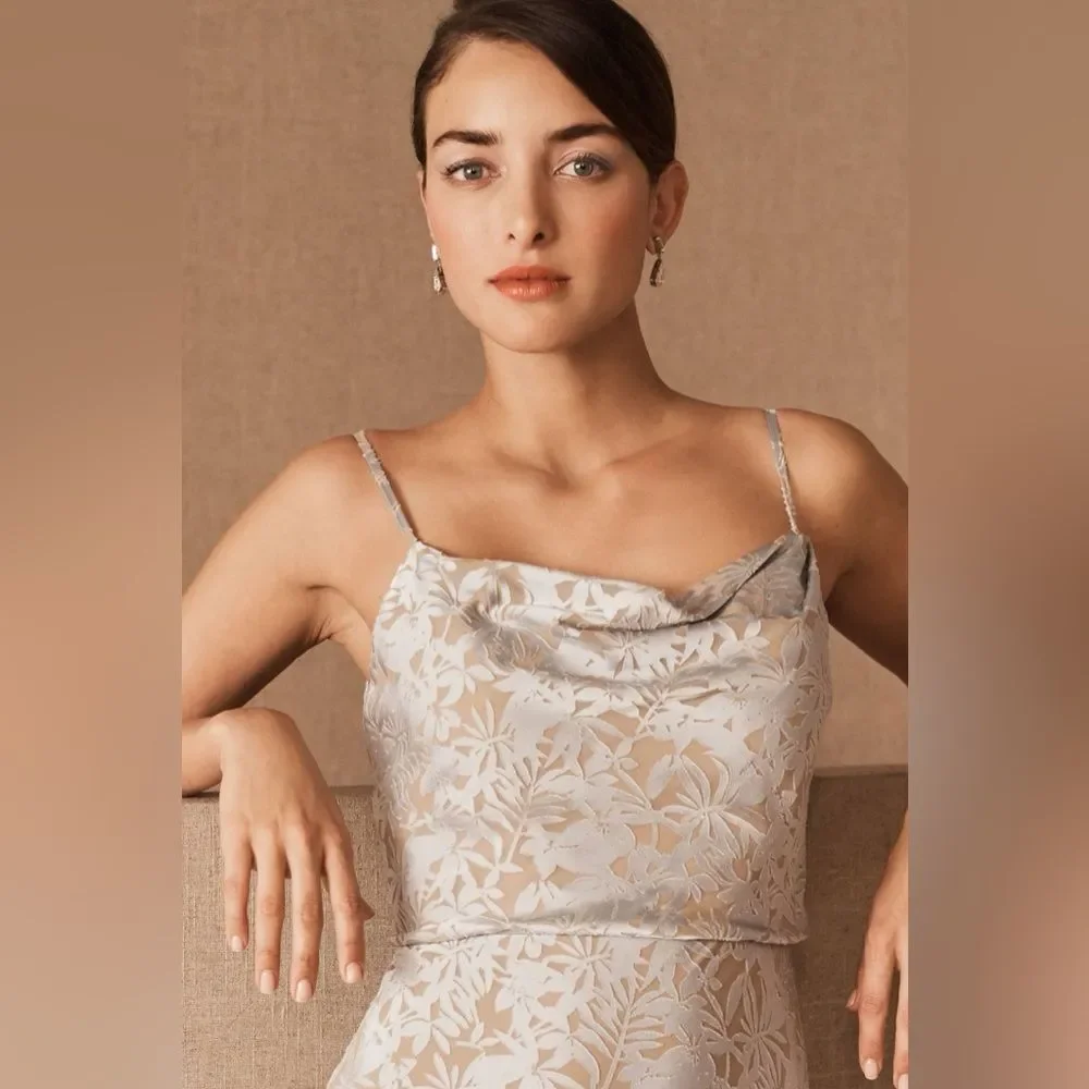 Anthropologie Jenny Yoo Dahlia Dress Elegant Lace Maxi Dress in Silver-Taupe